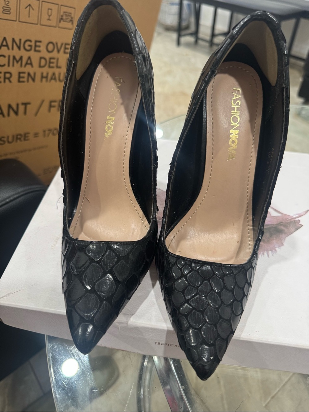 Fashion Nova Black Snake-Embossed Pointed Pumps